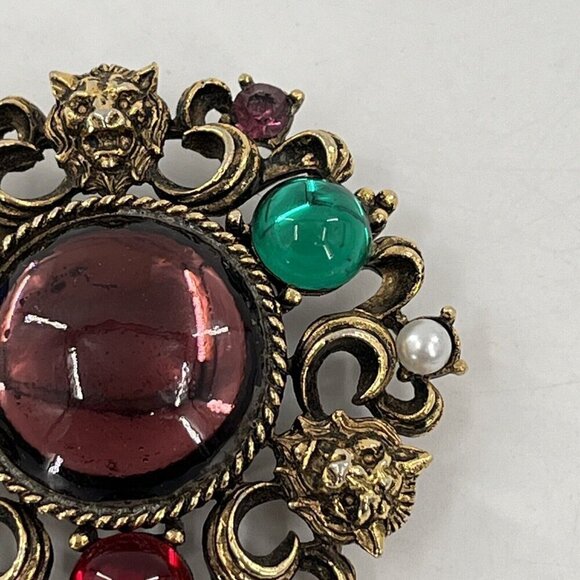 Gold Tone Lion Face Multicolor Cabochon Rhinestone Cluster Brooch Pin - Picture 5 of 8